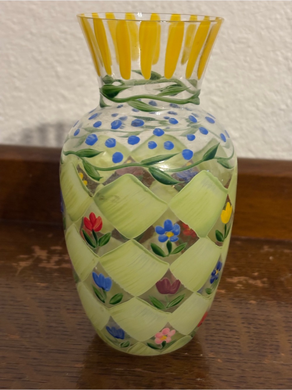 Hand-Painted Small Floral Glass Vase in Yellow and Green Cottagecore Grandmacore